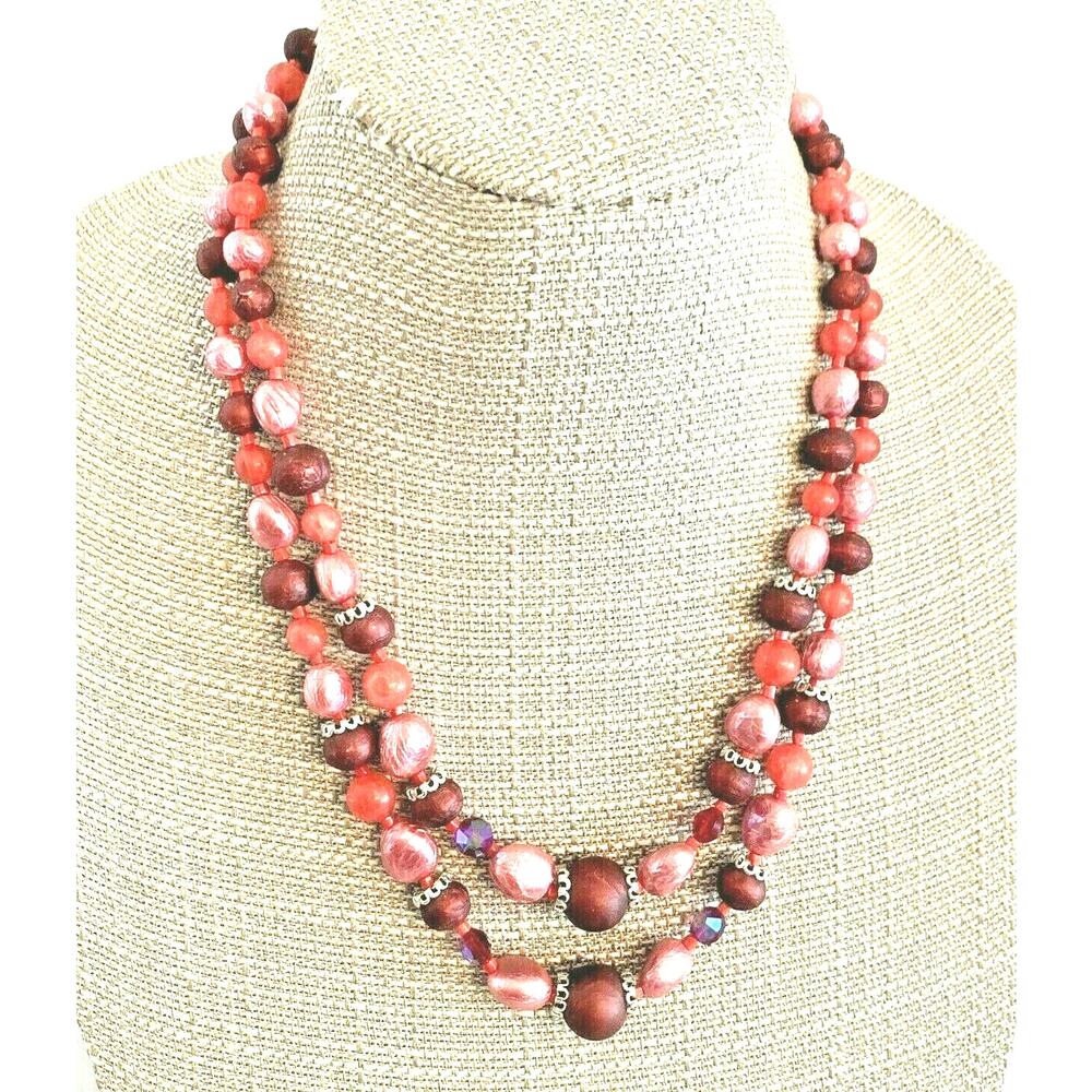 Vintage mid century double strand beaded necklace pinks reds romantic retro look